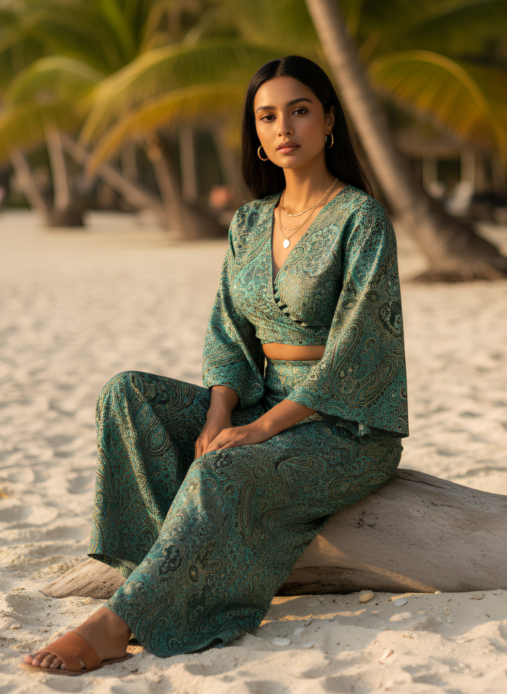 HAILEY GREEN PINK BLUE PRINTED WRAP TOP & TROUSER SET