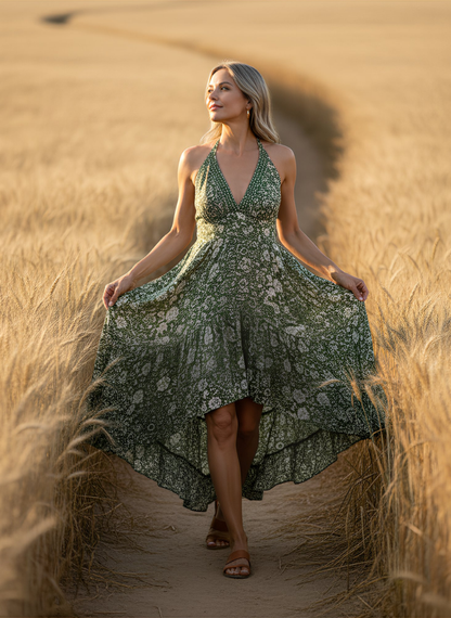 HALTER NECK DRAW STRING BACK DRESS IN GREEN CREAM COLOR