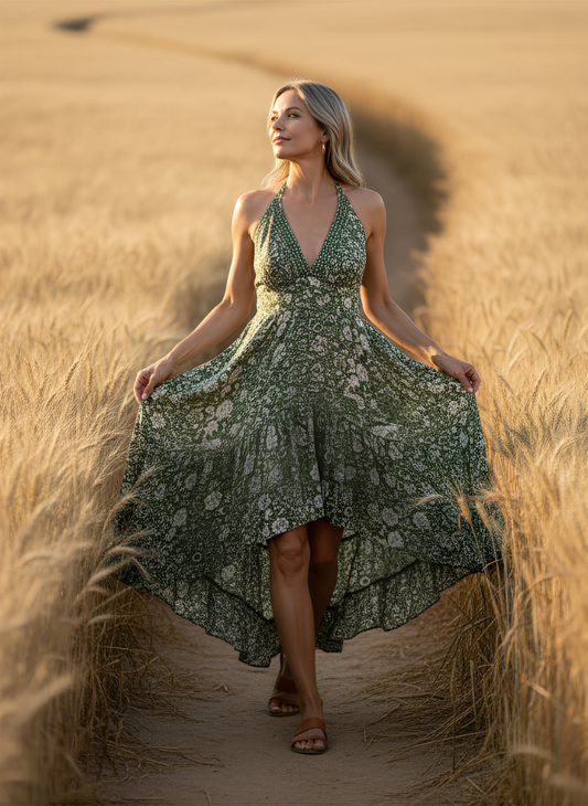 HALTER NECK DRAW STRING BACK DRESS IN GREEN CREAM COLOR