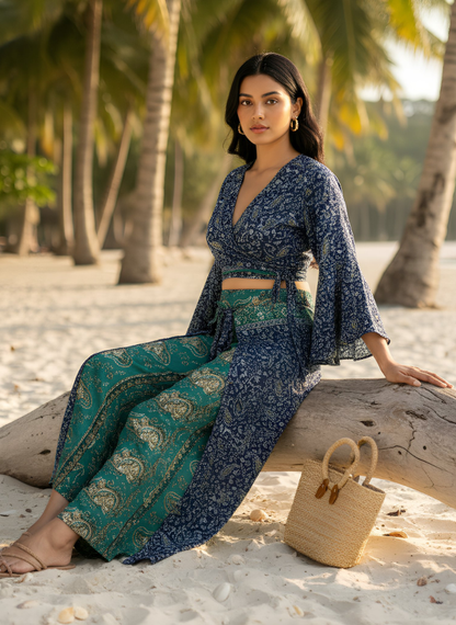 HAILEY BLUE GREEN PRINTED WRAP TOP & TROUSER SET