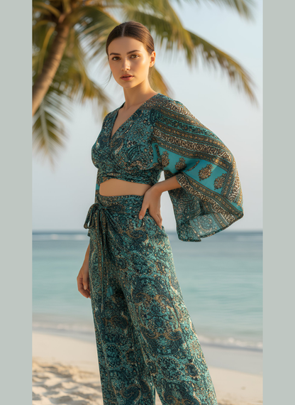 HAILEY BLUE JADE PRINTED WRAP TOP & TROUSER SET