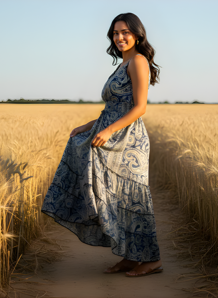 Hi-Lo Expandable Under-Bust Ribbed Paisley Dress