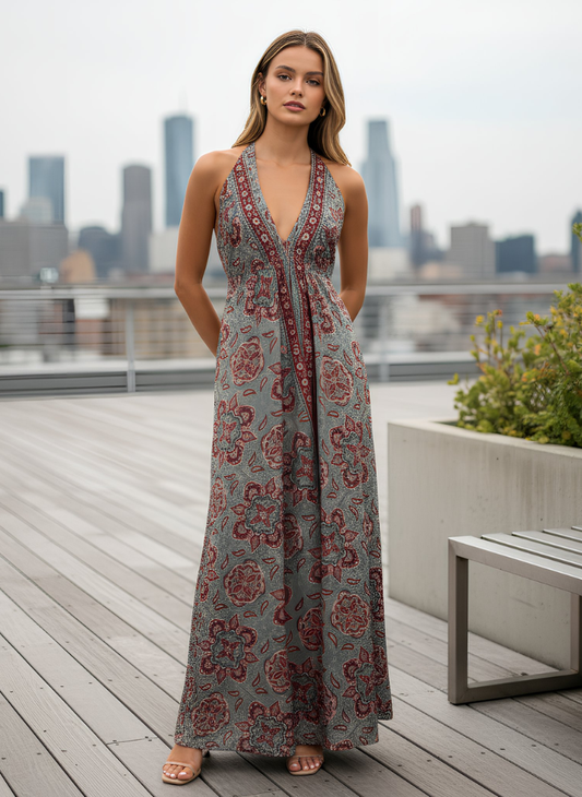 A LINE HALTER NECK WITH UNDERBUST DRAWSTRING AND ADJUSTABLE NECK TIE DRESS