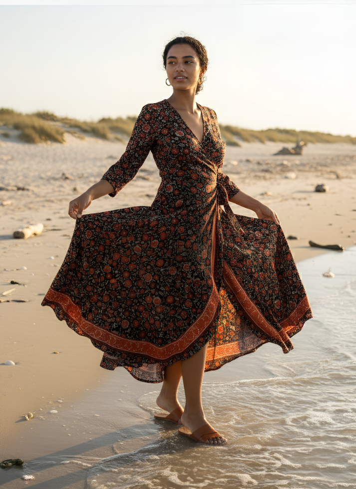 JENN WRAP AROUND BLACK STRAWBERRY DRESS