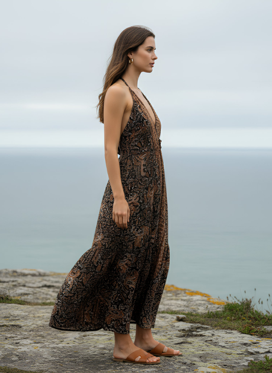 HI-LOW, DEEP BACK, LONG DRESS WITH DRAWSTRING UNDERBUST - NAVY PINK BLUE