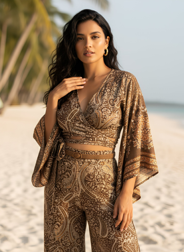 HAILEY OLIVE-BROWN PRINTED WRAP TOP & TROUSER SET