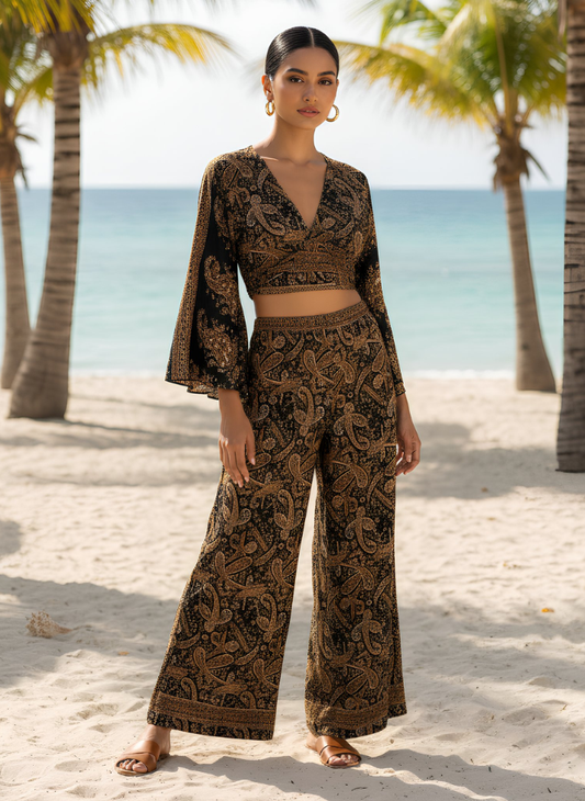 HAILEY BLACK-ORANGE PRINTED WRAP TOP & TROUSER SET