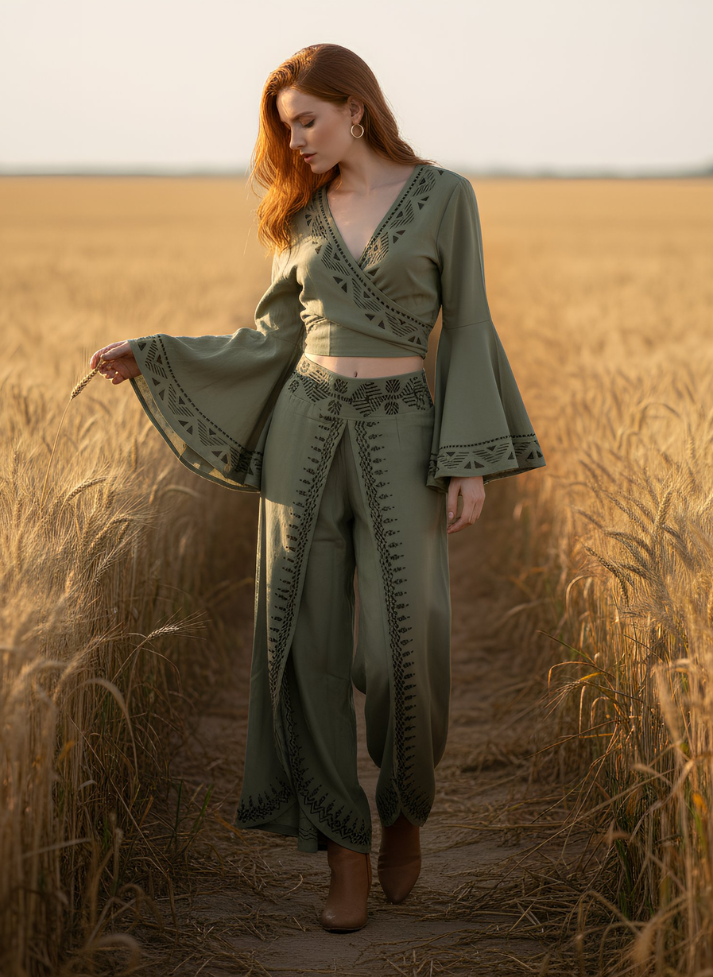 ASH IVORY SAGE FRONT SPLIT TROUSER AND WRAP TOP SET