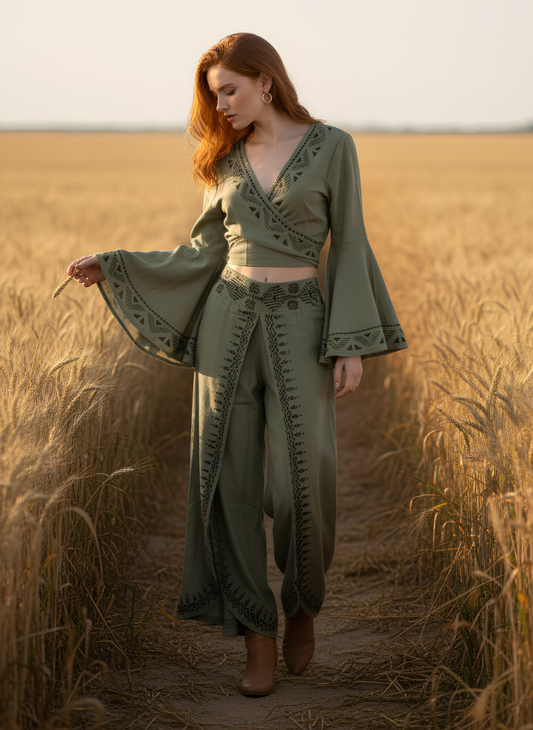 ASH IVORY SAGE FRONT SPLIT TROUSER AND WRAP TOP SET