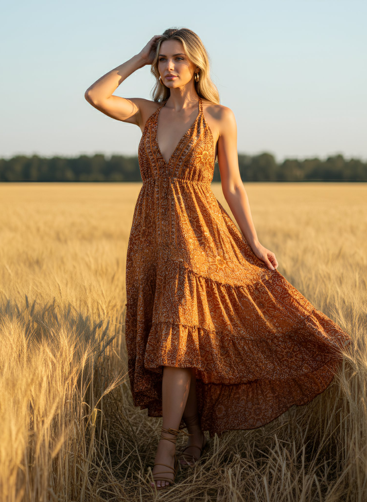 HALTER NECK DRAW STRING BACK DRESS IN RED ORANGE COLOR