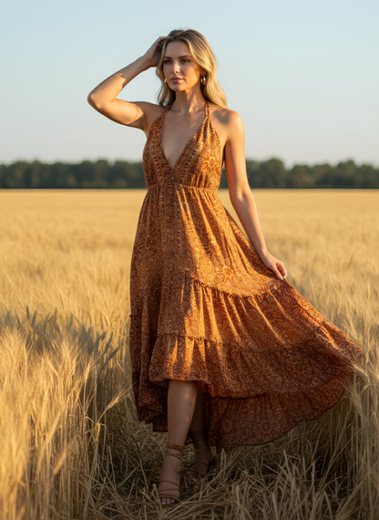 HALTER NECK DRAW STRING BACK DRESS IN RED ORANGE COLOR