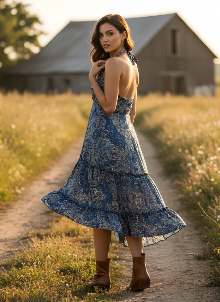 ZENA HALTER NECK BOHO MAXI DRESS – BLUE GOLD