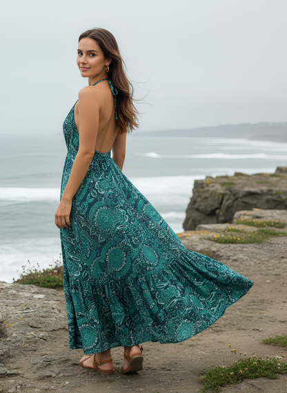 HI-LOW, DEEP BACK, LONG DRESS WITH DRAWSTRING UNDERBUST -BLUE GREEN