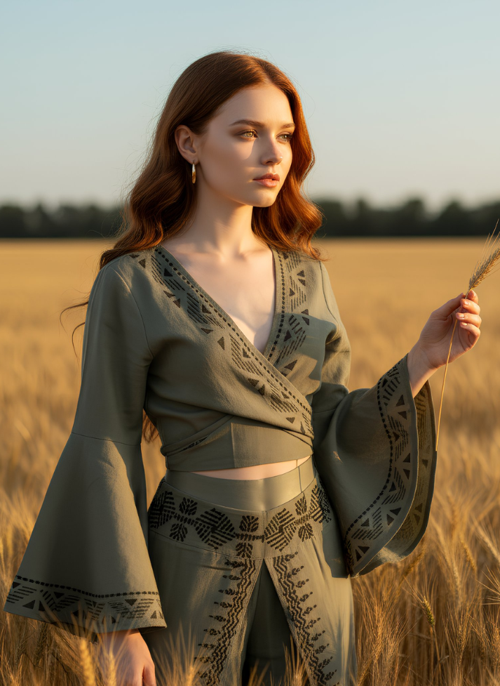 ASH IVORY SAGE FRONT SPLIT TROUSER AND WRAP TOP SET