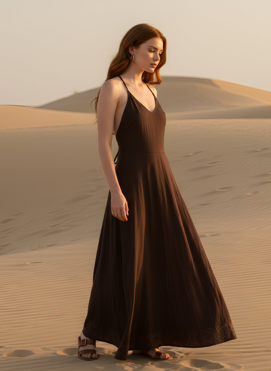 ASH BROWN-COLOR HALTER NECK ADJUSTABLE CRISS CROSS STRAP DRESS