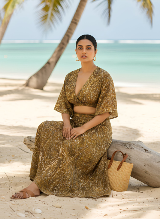 HAILEY ORANGE GREEN PRINTED WRAP TOP & TROUSER SET