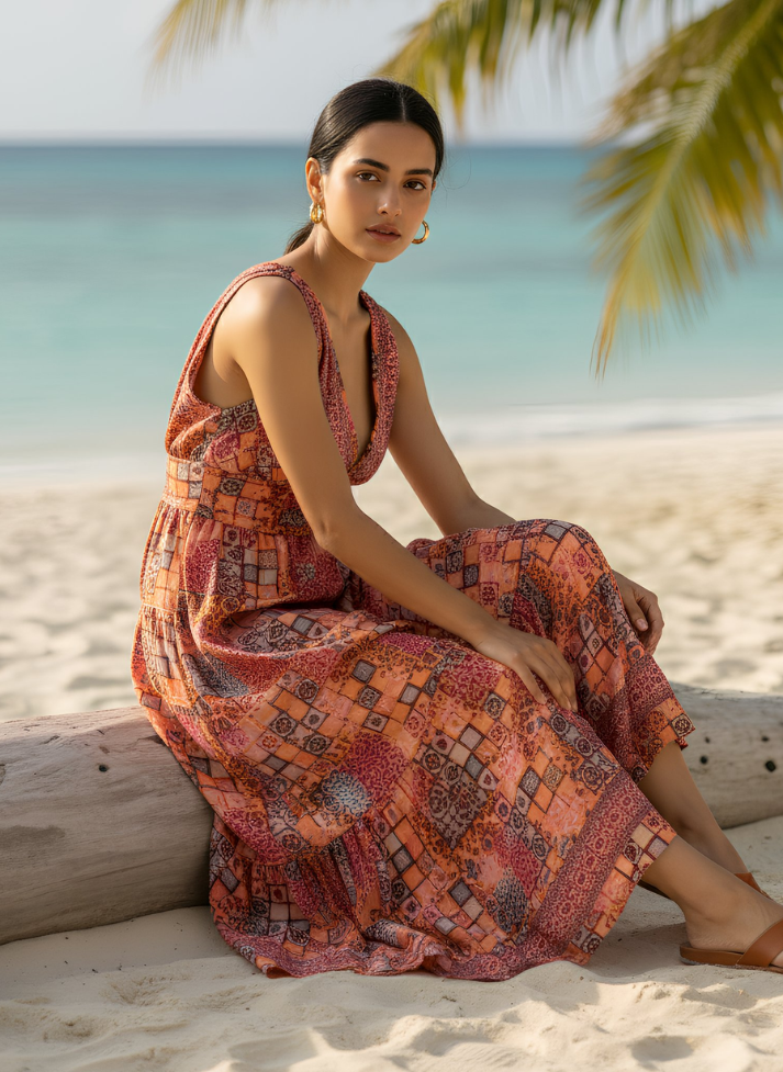 Tropical Mosaic Sleeveless Maxi Dress