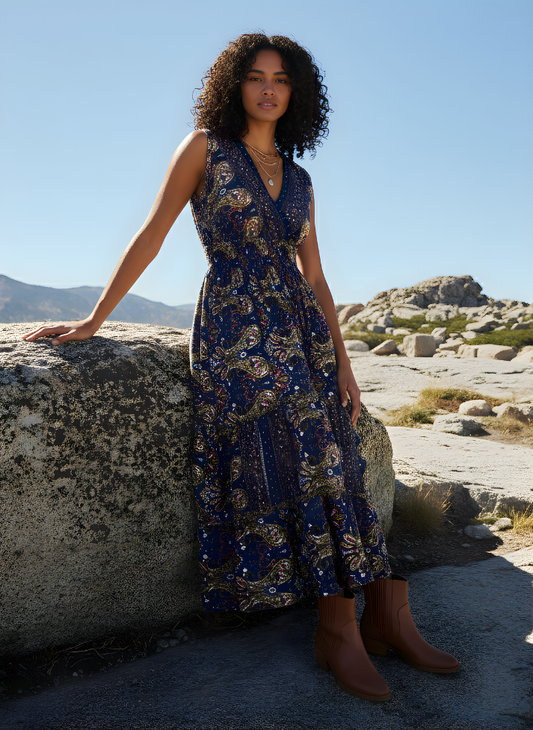 Hi-Lo Expandable Under-Bust Ribbed Paisley Dress