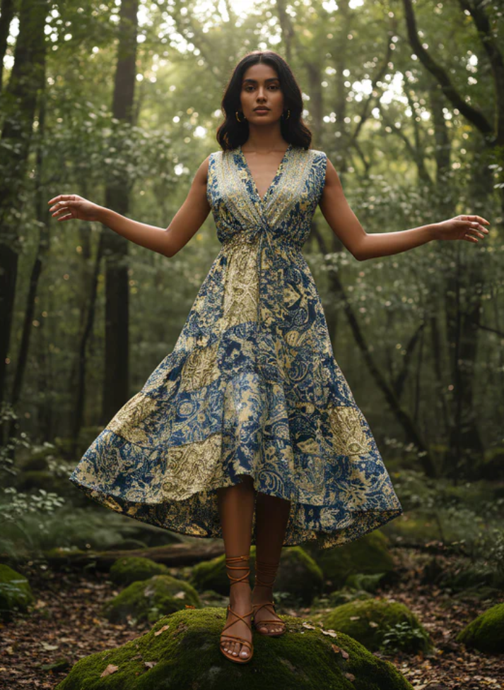 Hi-Lo Expandable Under-Bust Ribbed Paisley Dress