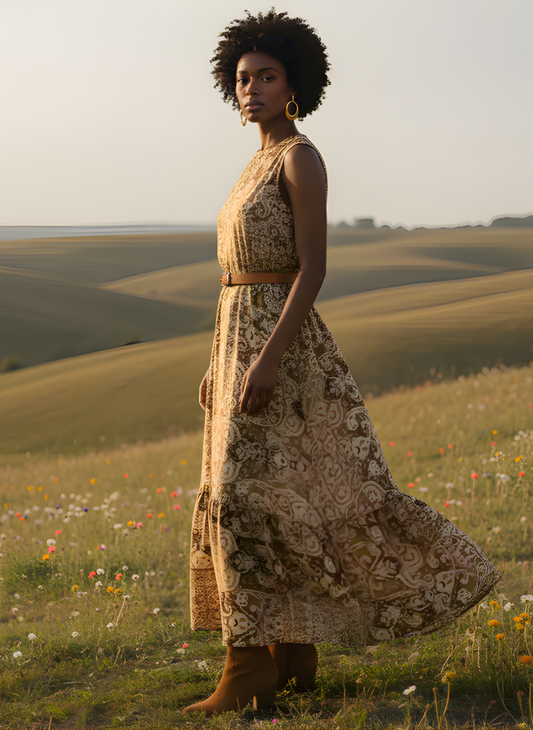 Hi-Lo Expandable Under-Bust Ribbed Paisley Dress