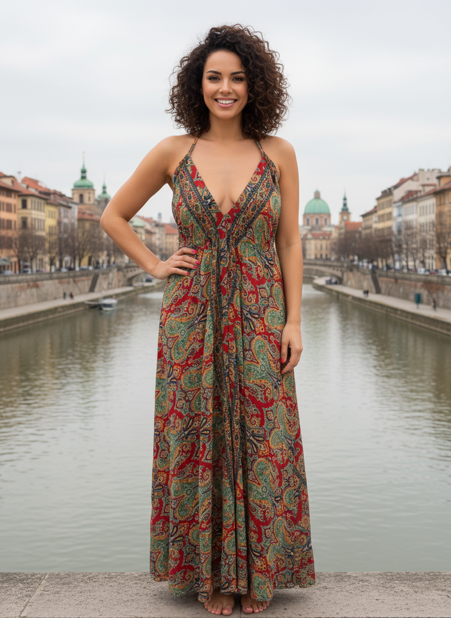 Bohemian Red Green Paisley Maxi Dress