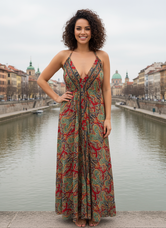 Bohemian Red Green Paisley Maxi Dress