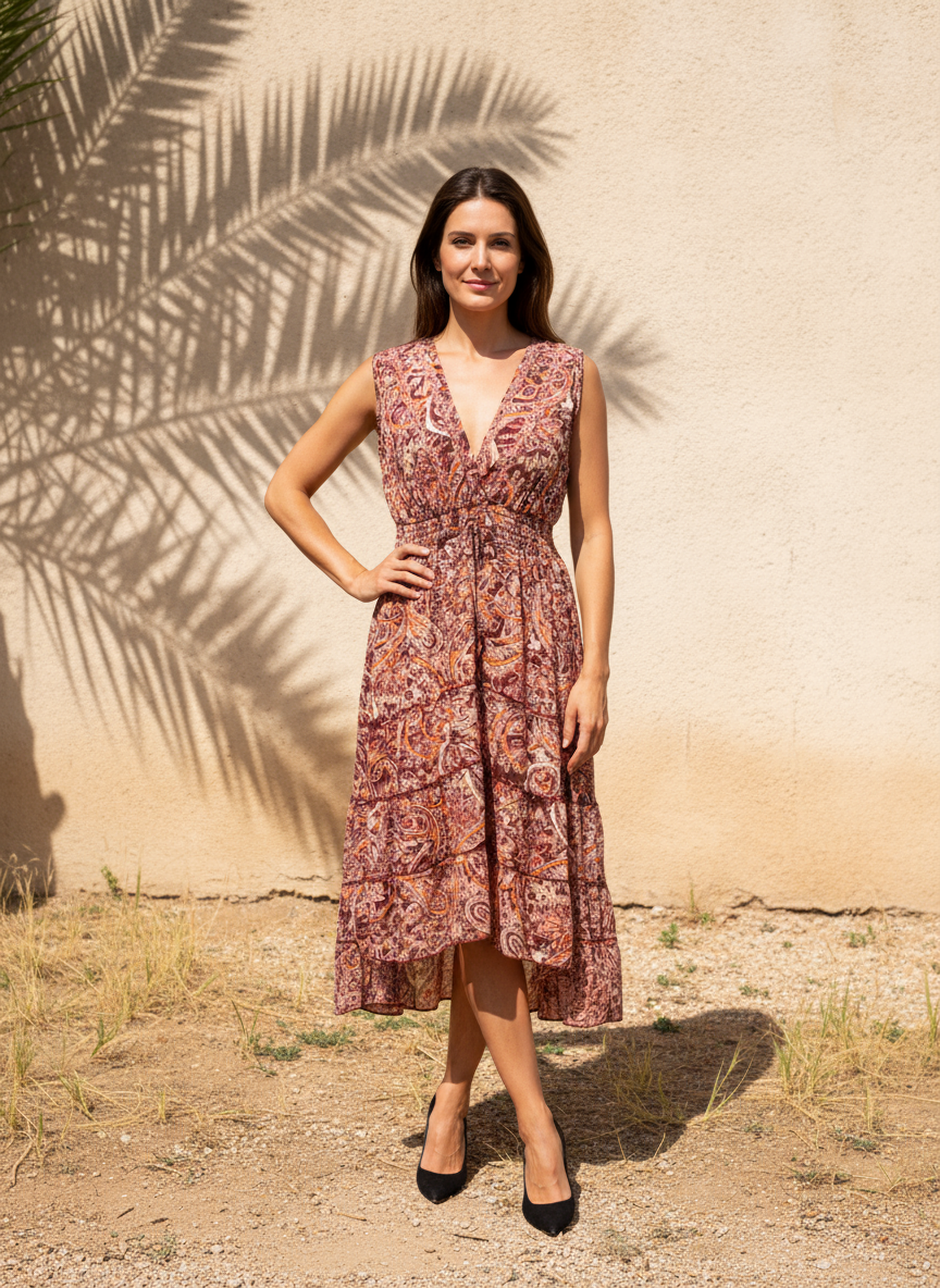 Hi-Lo Expandable Under-Bust Ribbed Paisley Dress