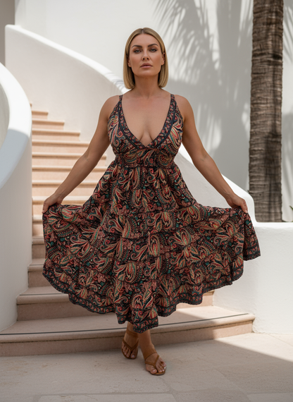 Boho Paisley Print V-Neck Midi Dress