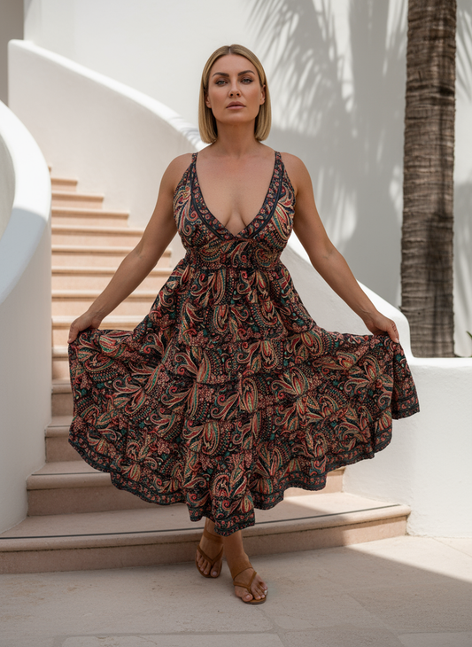 Boho Paisley Print V-Neck Midi Dress