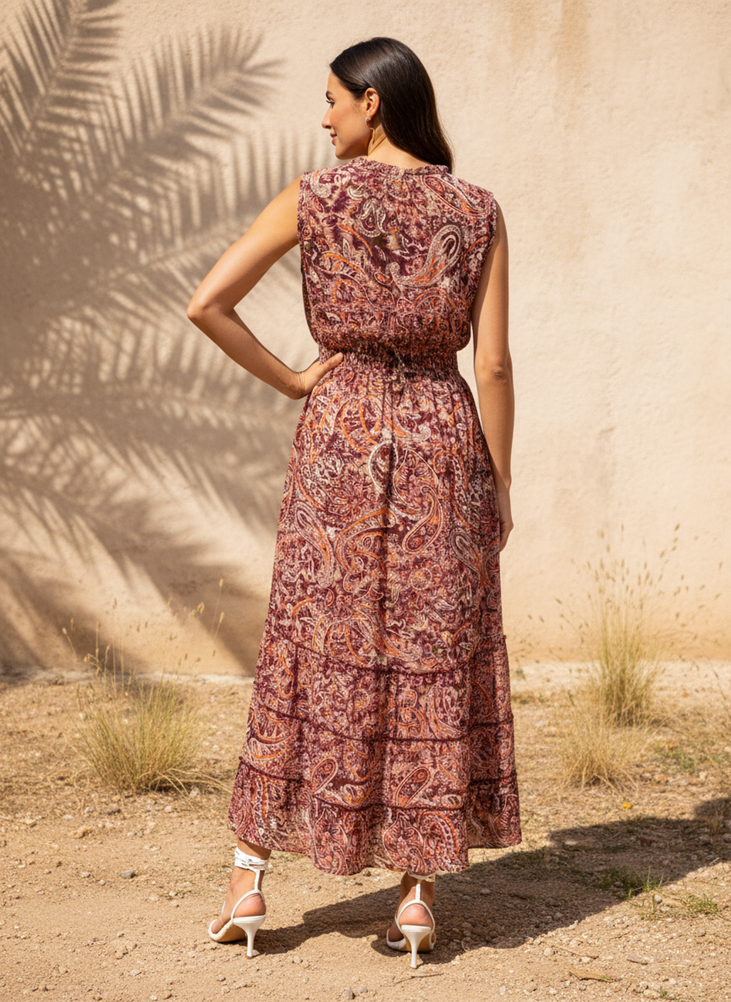 Hi-Lo Expandable Under-Bust Ribbed Paisley Dress
