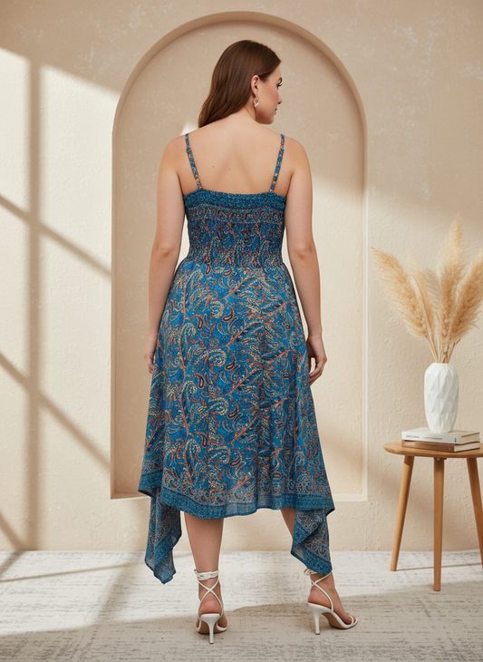 Paisley Print Square Neck Hanky Dress With Gathered Bodice