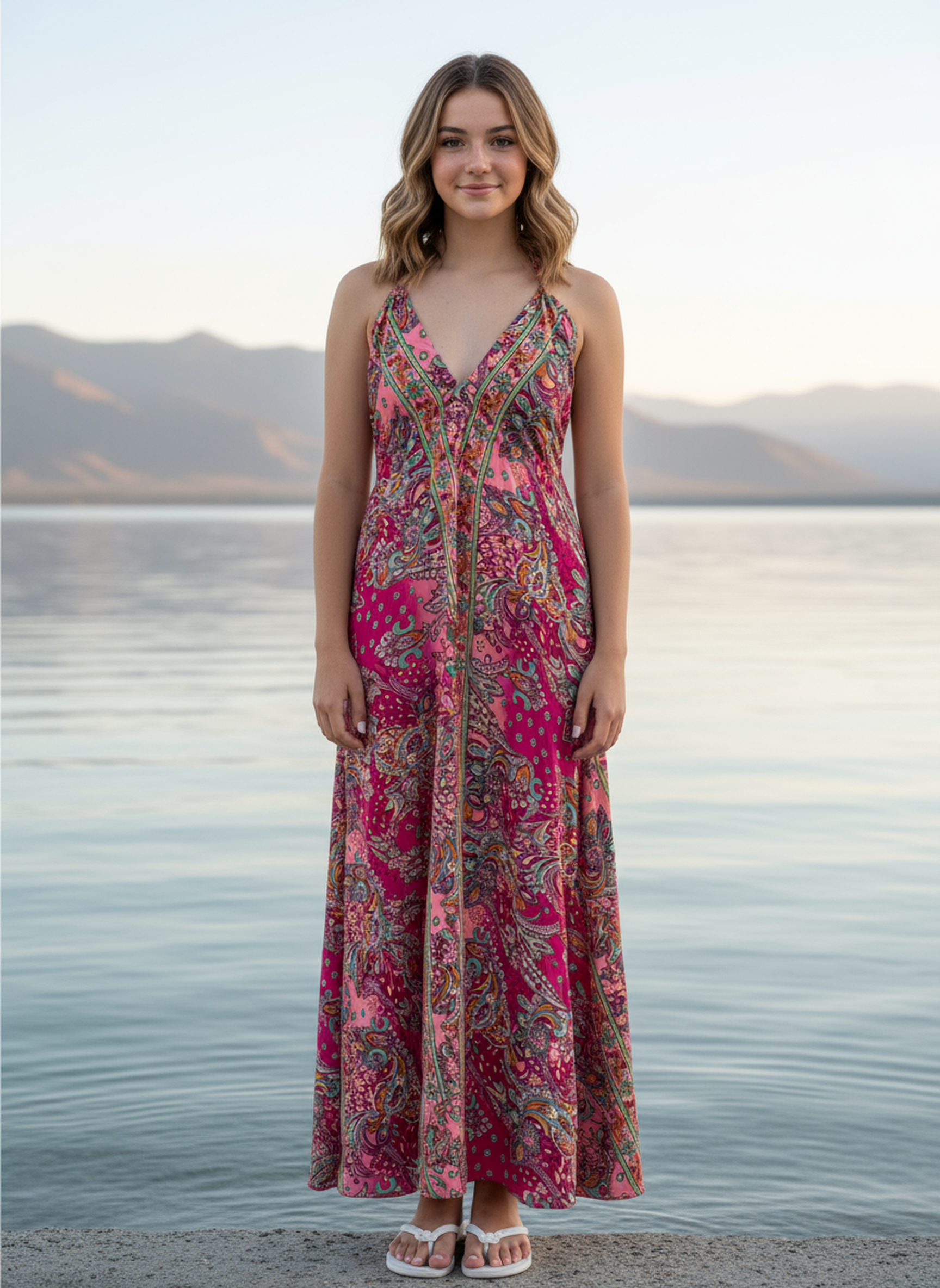 Bohemian Pink Green Mix Paisley Maxi Dress
