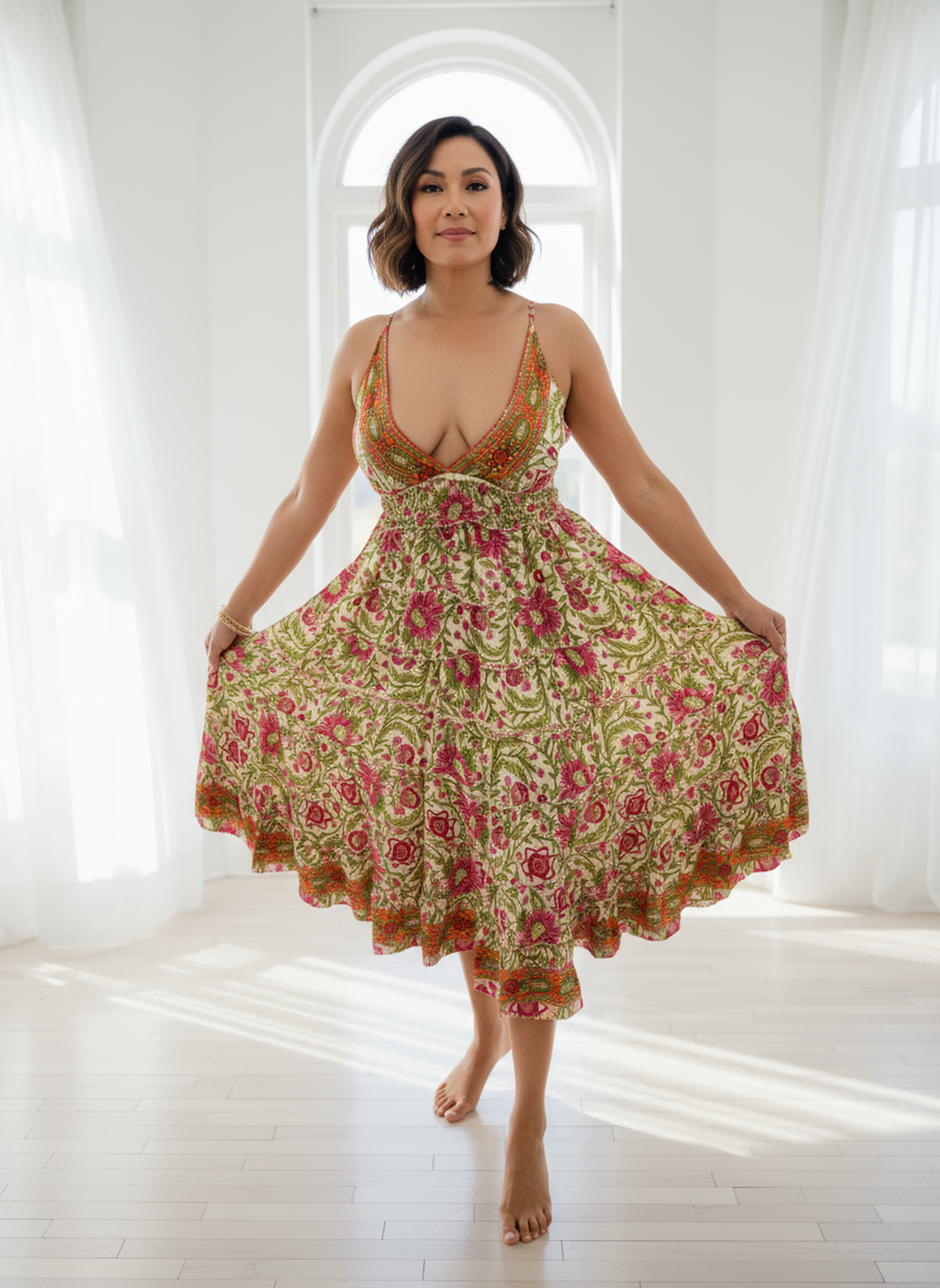 Tropic Bloom Strappy Empire Midi Dress